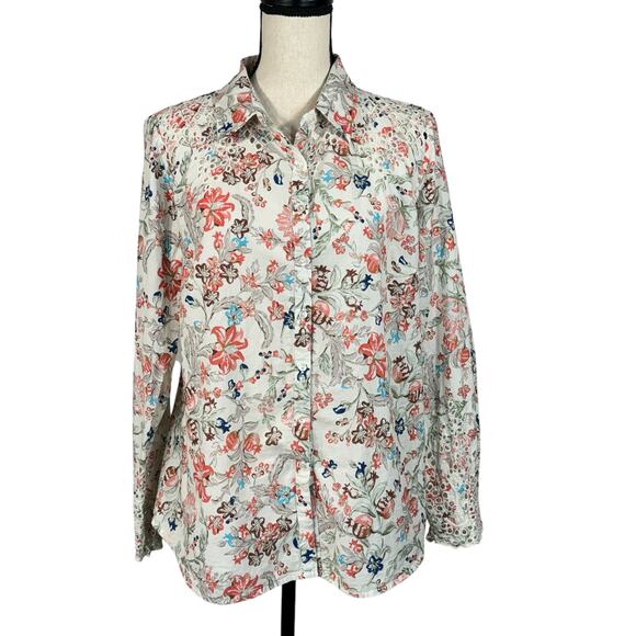 Sundance Large Top Floral Long Sleeve Embroidered Cut-Outs Lightweight Collared - Picture 1 of 8